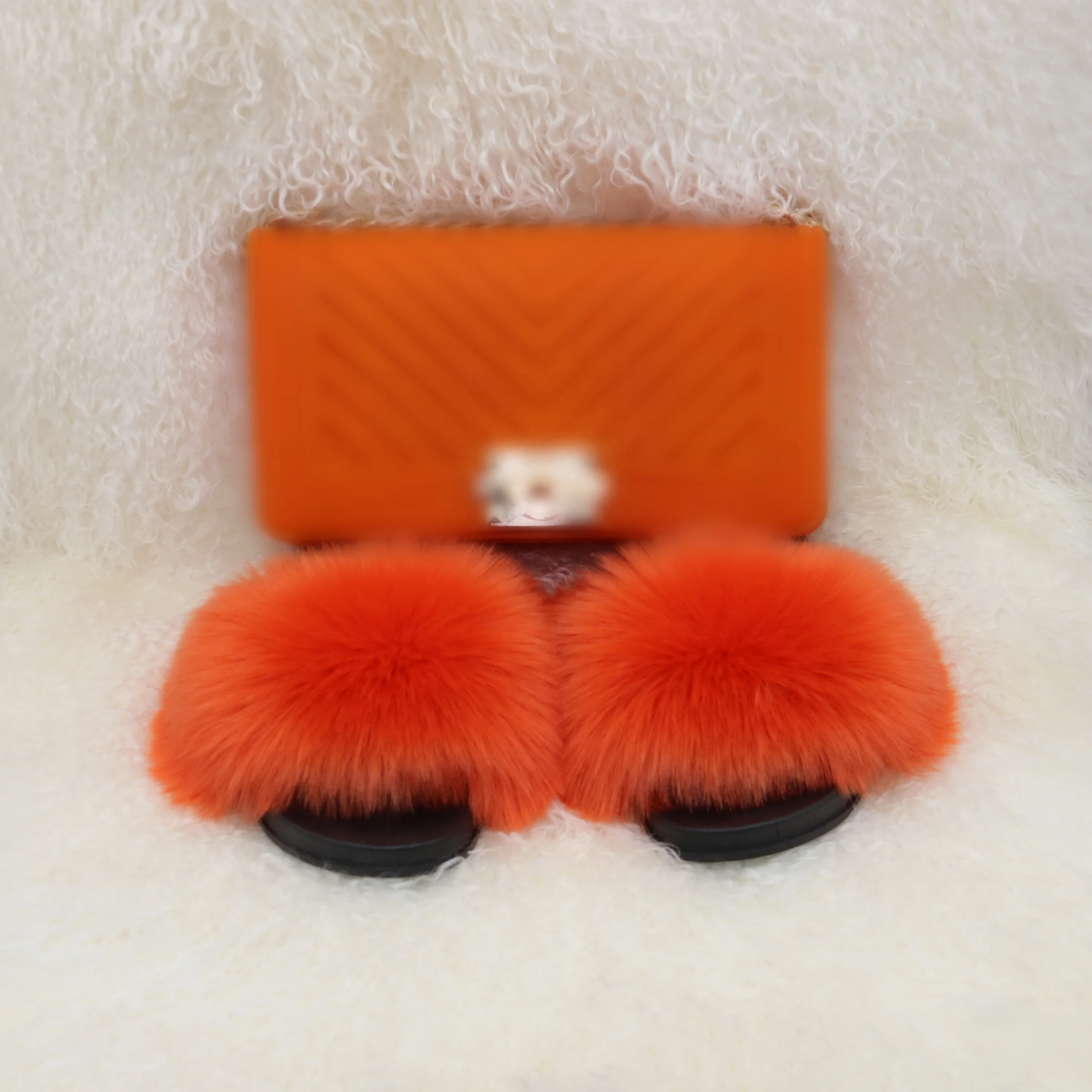 

wholesale fur slippers and bag set