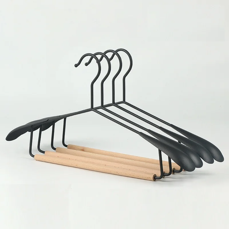 

Black Wood Metal Wire Hanger with Wood Bar New Arrivals Natural Beech Wood Pant Bar Design Wide Shoulder Suit Coat Hangers, White
