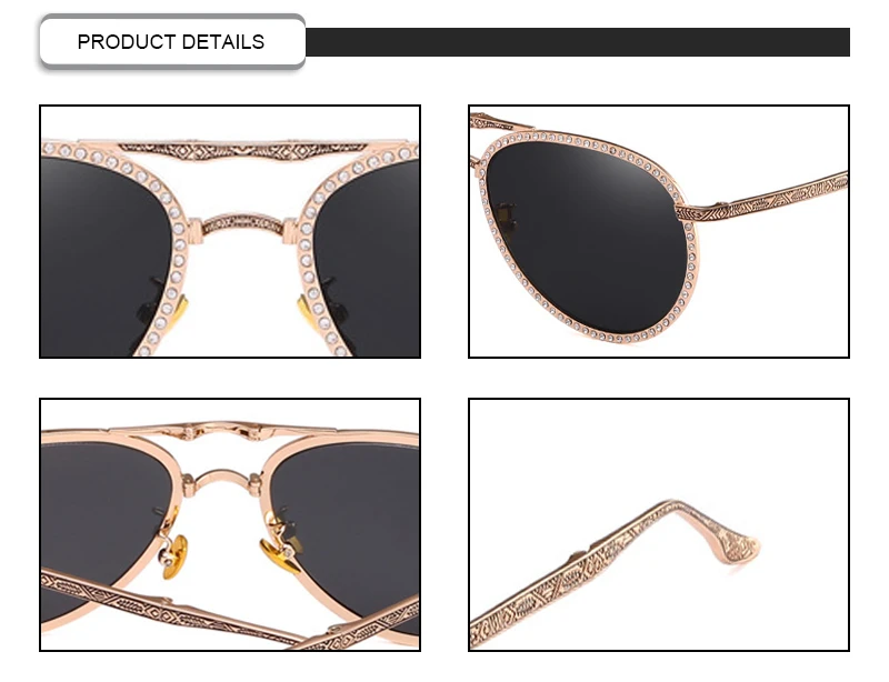 Luxury Ray Brand Folding Rhinestone Decoration Retro Carved Frame Women Sunglasses