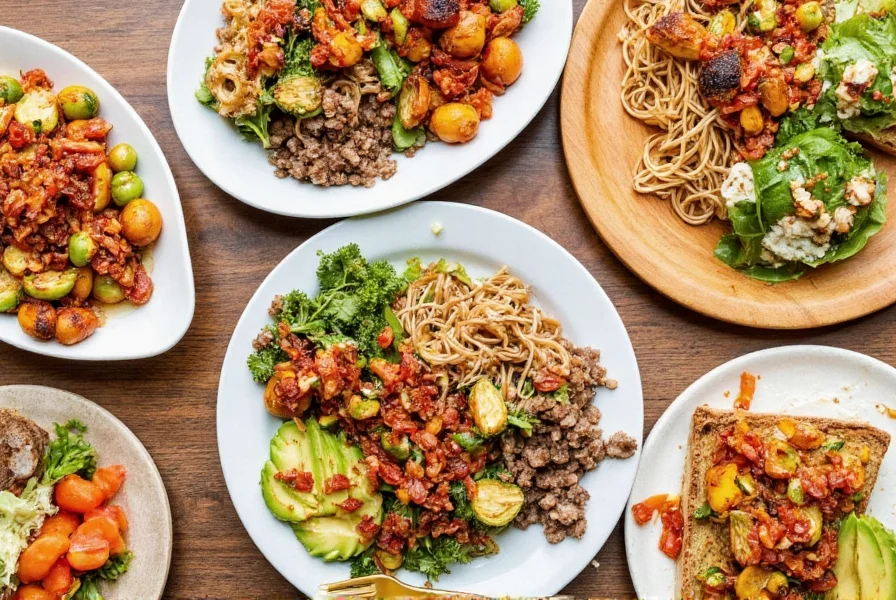 Various dishes topped with chili crunch including noodles, avocado toast, and roasted vegetables