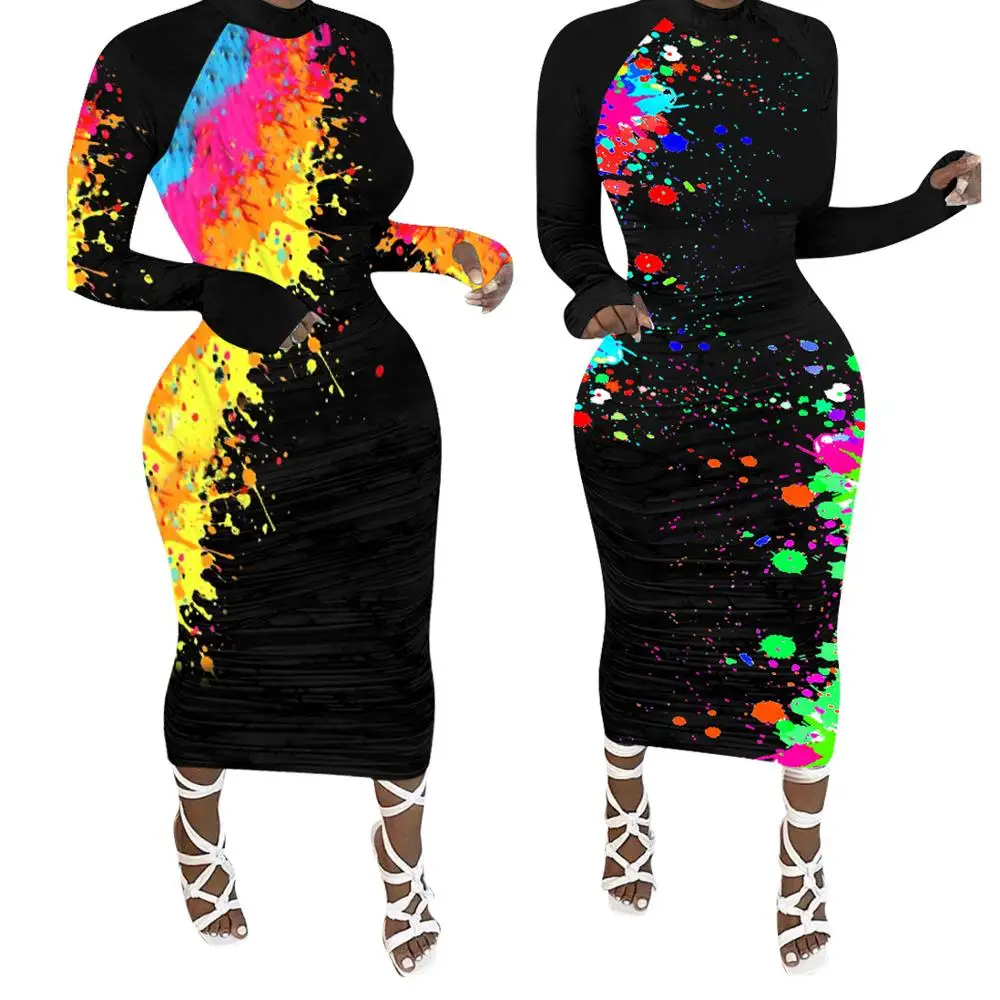 

2020 plus size women clothing sexy Graffiti Long sleeves Skinny casual plus size dress, Polychrome