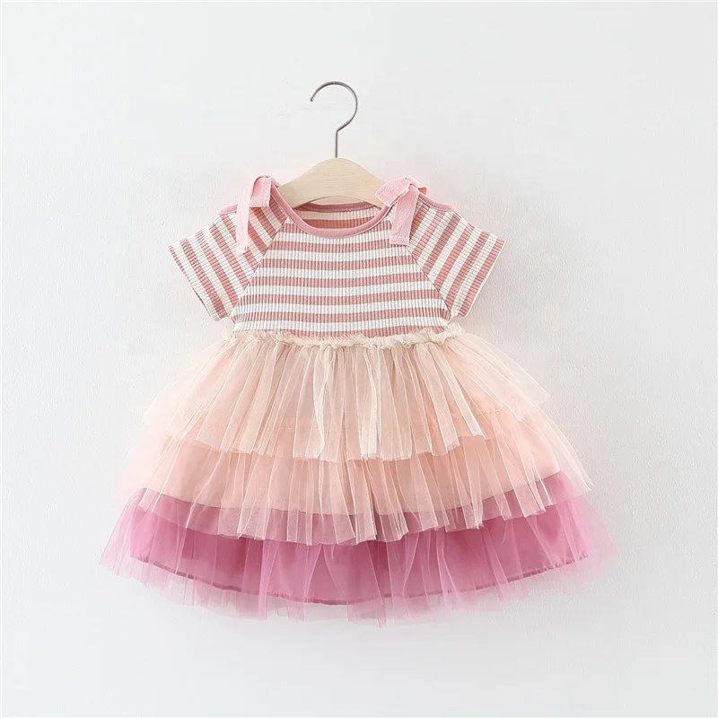 

B52053A Lately fashion little girls striped patchwork short sleeve layered dress, Show
