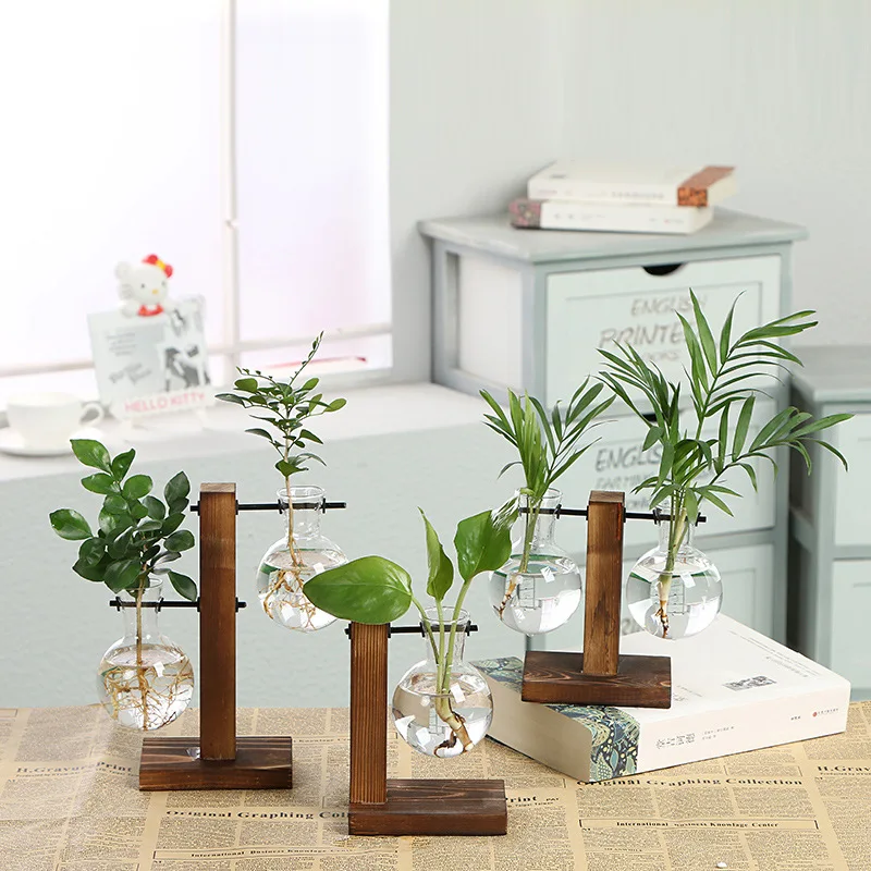 Love-1 Water Planting Glass Vase Desktop Glass Planter Bulb Vase Hanging with Retro Solid Wooden Stand for Hydroponics Plants Home Office Decor