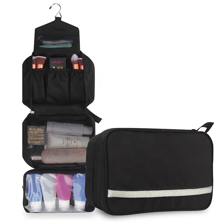 

Wholesale Custom Black Polyester Travel Hanging Hook PET Expandable Toiletry Makeup Cosmetic Bag