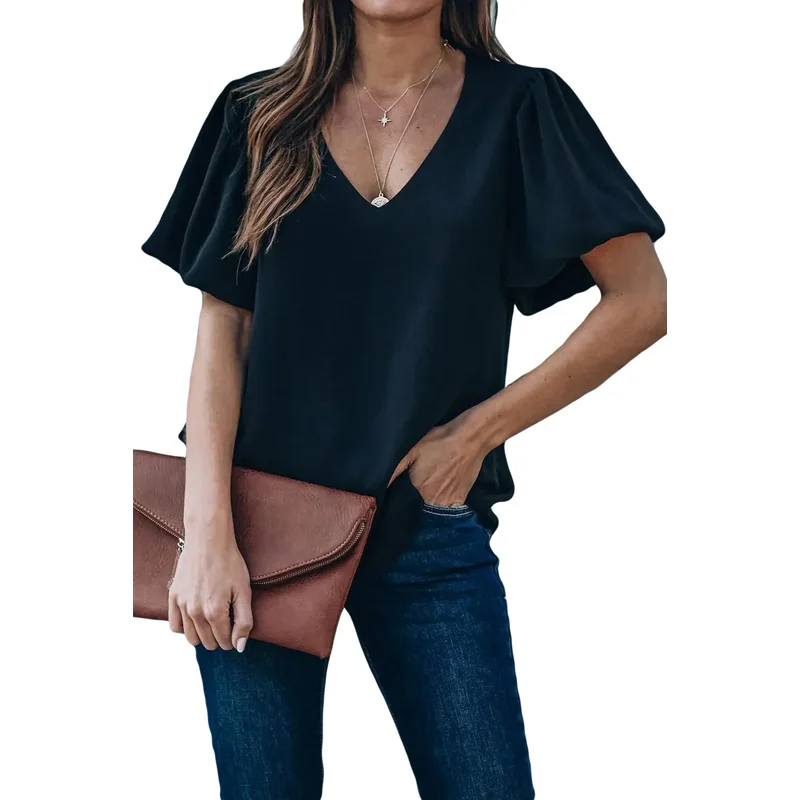 

Plain Women Blouses and Tops Lady Summer Fashion Puff Sleeve V Neck