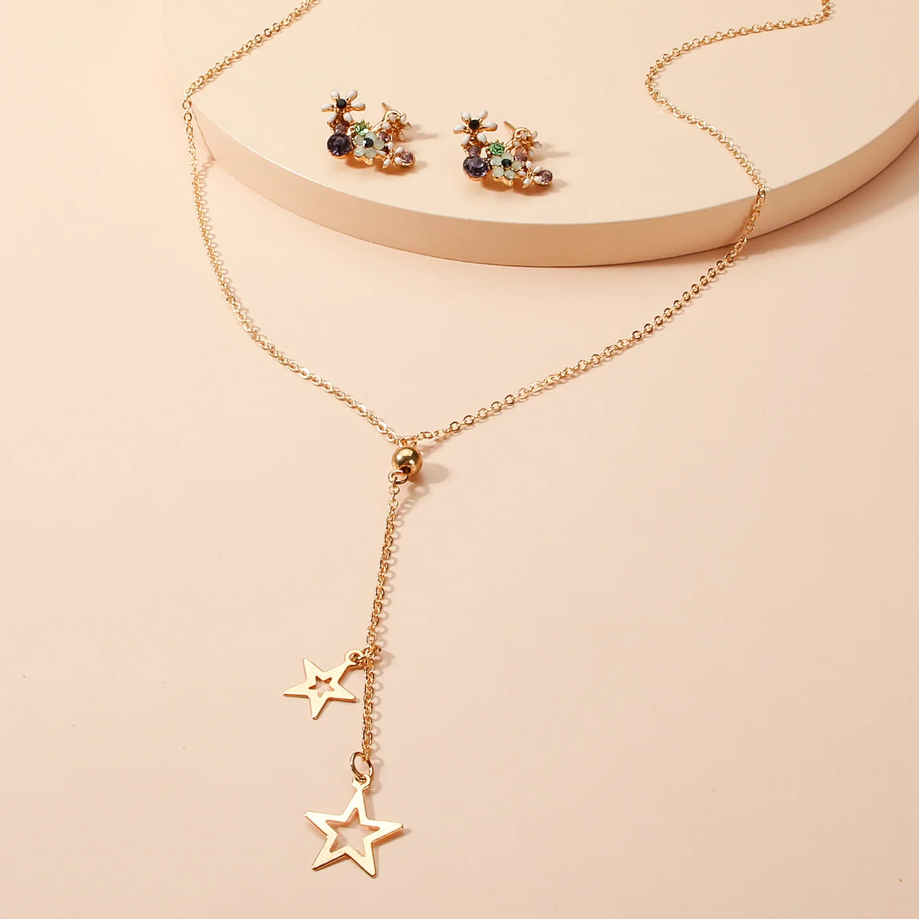 

New Simple Star Pendant Necklace Flower Earrings Jewelry Set Wholesale Christmas Gift Joyas, Picture