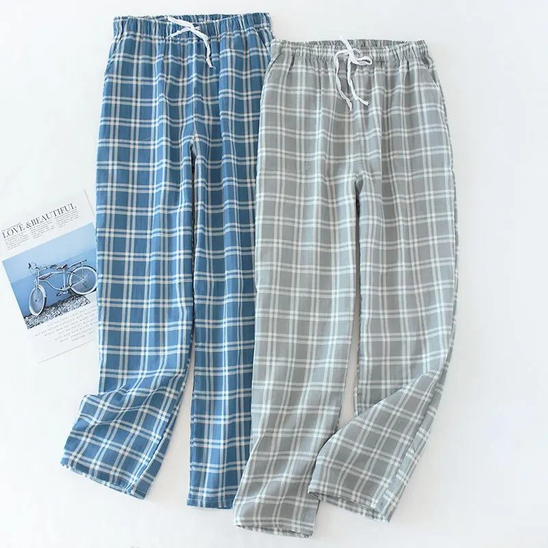 

Men's Cotton Gauze Trousers Plaid Knitted Sleep Pants Mens sleepwear Pants Bottoms Sleepwear sleepwear Short for Men Pijama Homb