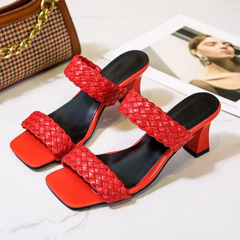 

2021 stylish female elegant woven one strap pu leather casual high heel slippers sandals comfort shoes for women ladies big size