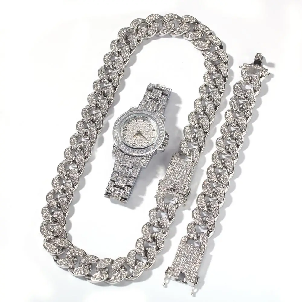 

Hot Selling Bling Design Steel Fully Iced Out men's bracelet necklace Watch three-piece jewelry set, Gold sliver