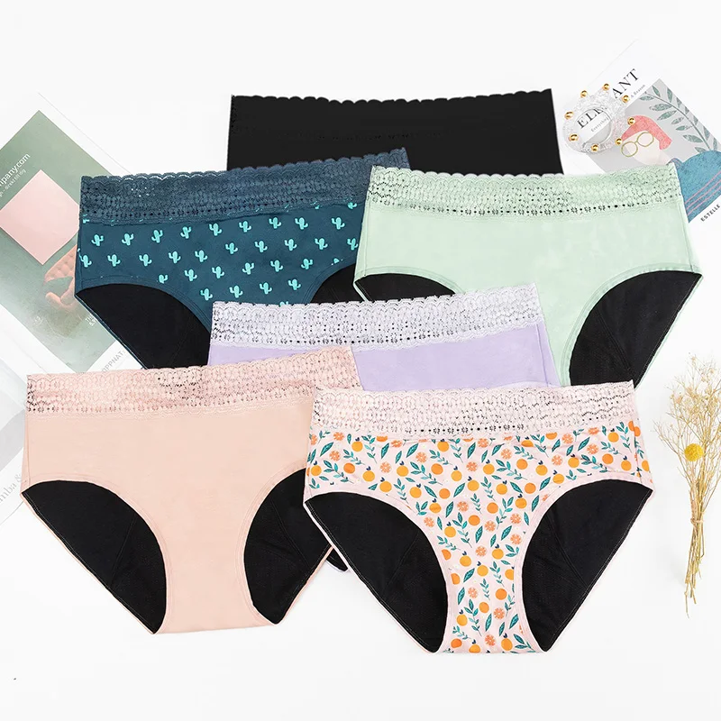 

4 Layers Sexy Lace Mid-Waist Period Panties Breathable Menstrual Leak Proof Period Panties Cotton, 6 colors available