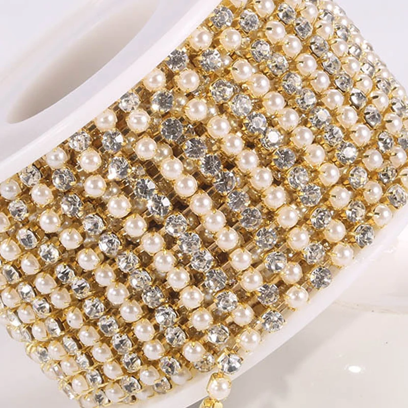 

3mm SS12 Dress Accessories Pearl Diamond Mix Chain Silver Gold Copper Crystal Rhinestone Cup Chain Roll for Sewing Crafts DIY