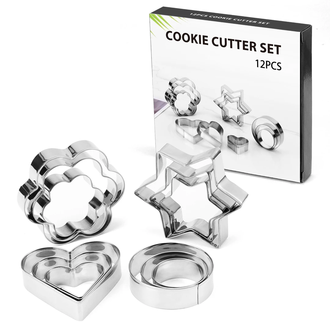

12PCS Stainless Steel In Color Box Heart Round Star Flower Cake Christmas Cookie Cutter Set