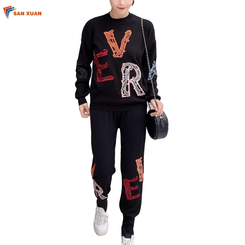 2020 new arrival fall fashion black embroidered long sleeve knitted sweater and trousers casual two piece set women clothing