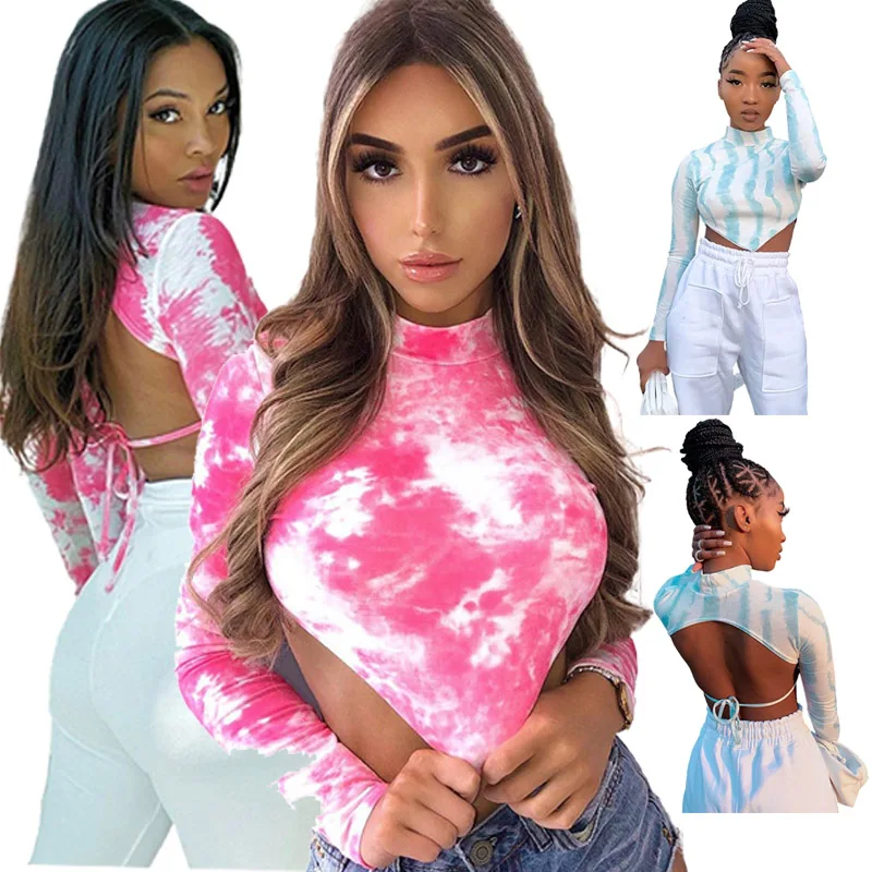 

2021 New Arrival Fall Women Clothes Tie Dye Long Sleeve Bodycon Backless Women Shirs Crop Top Irregular Design Casual, Picture