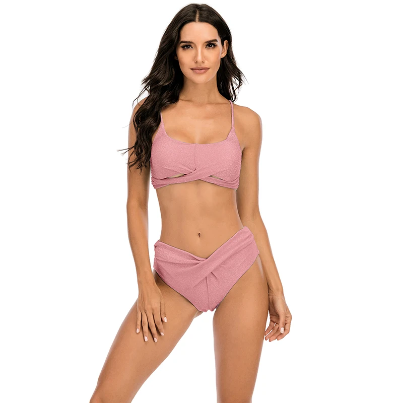 

Women Shining Silk Swimwear 2 Piec bathing suits bikini swimwear strap women brazilian High waist Beachwear tankini swimwear, Pink,light green