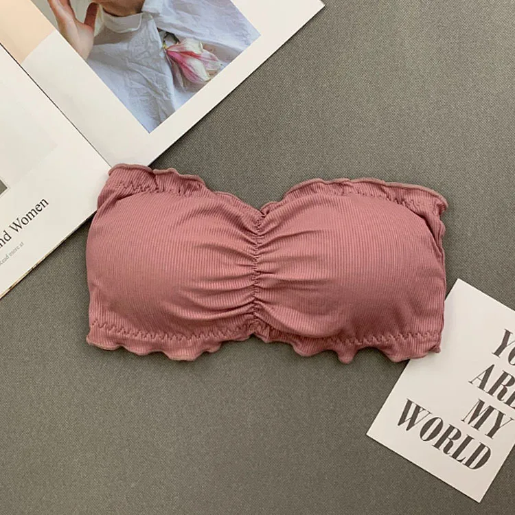 

CBR073 Trendy Sexy Teens Strapless Pleated Underwear Flounced Lace Three Row Button Bra For Women, White, pink, yellow, orange, red, black, skin color