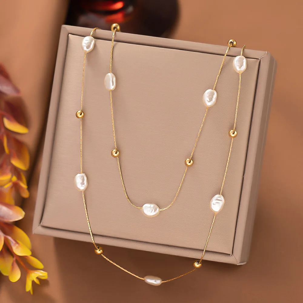 

New Style Trending Hot Necklace Double Layer Stainless Steel Necklace Pearl Gold Plated Tarnish Free Necklace For Women