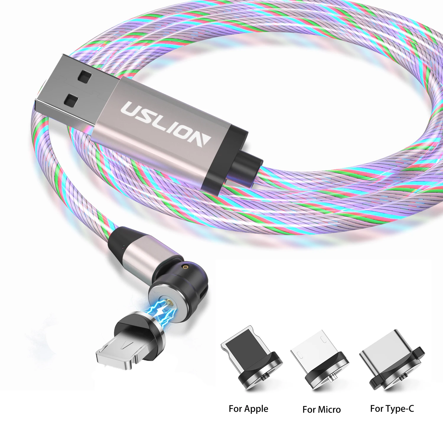 

USLION 2020 New product Hot wholesale LED Flowing Light Magnetic Charging Cable Cellphone Fast Micro USB Cable Charger Cable, Blue green red silver