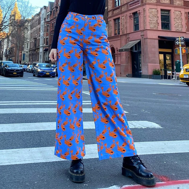 

Bomblook Q21PT214 Casual Fish Print Straight Pants 2021 New Arrivals High Waist Women's Trousers & Pants Streetwear