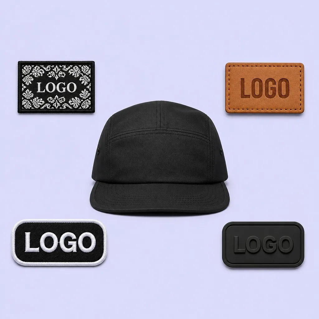 Black 5-Panel Camper Cap Surrounded by Bandana Embroidered Patch, Leather Badge, Woven Label, and Silicone Patch