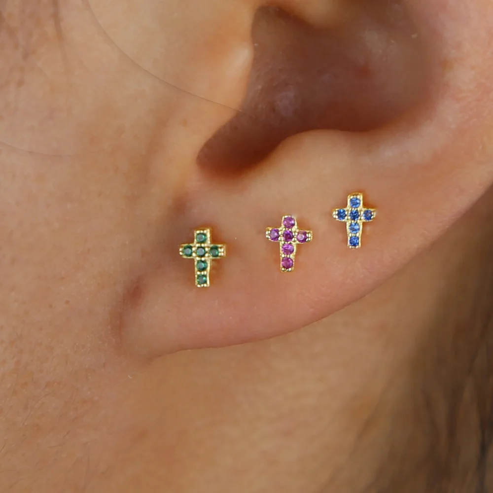 

925 sterling silver Geometric small cross stud earrings rainbow colorful cz delicate dainty fashion stacking tiny party jewelry