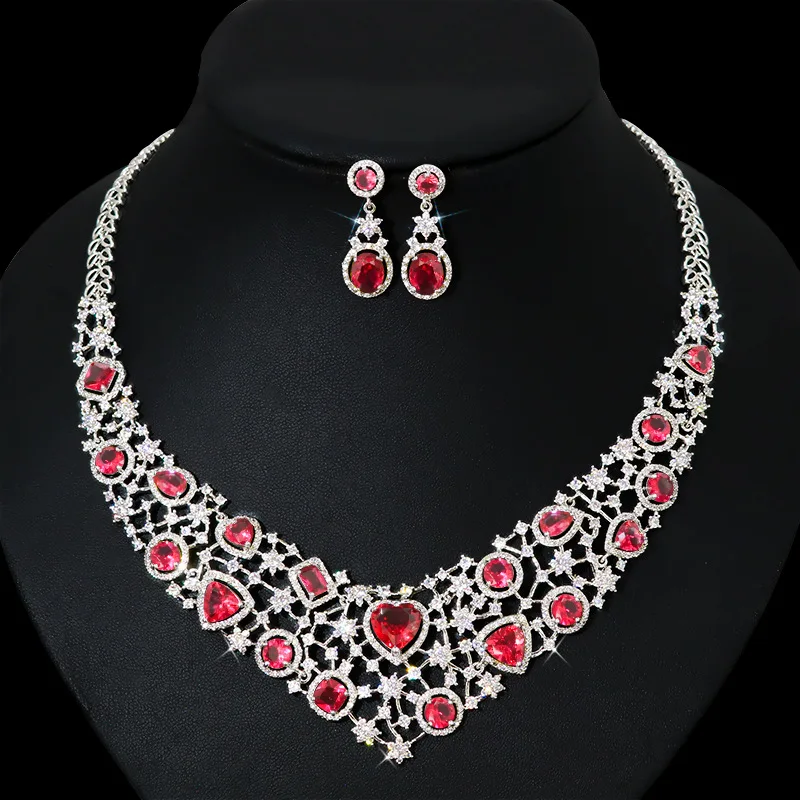 

New luxury zircon suit necklace ears noble and shiny full diamond temperament banquet bridal wedding jewelry set