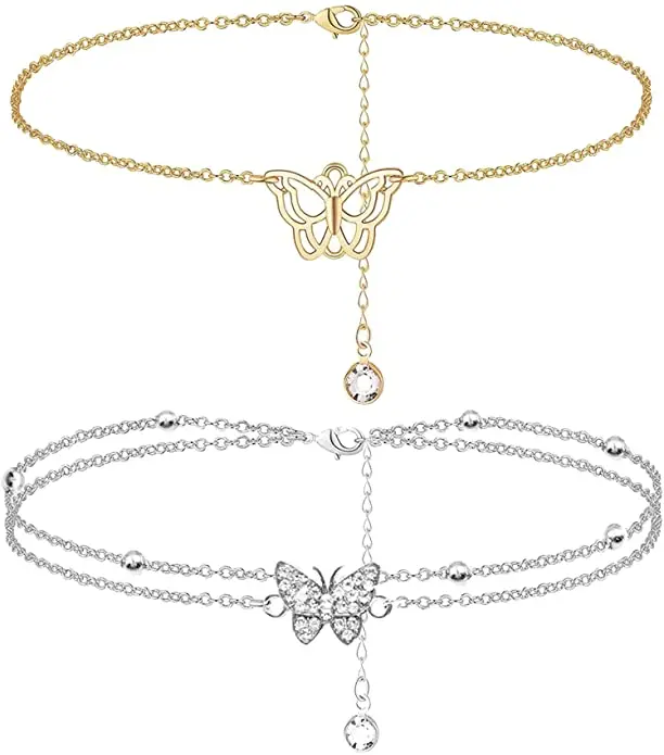 

Summer Beach Foot Jewelry Set Anklet Bracelets for Women Gold and Silver Layered Butterfly Anklets