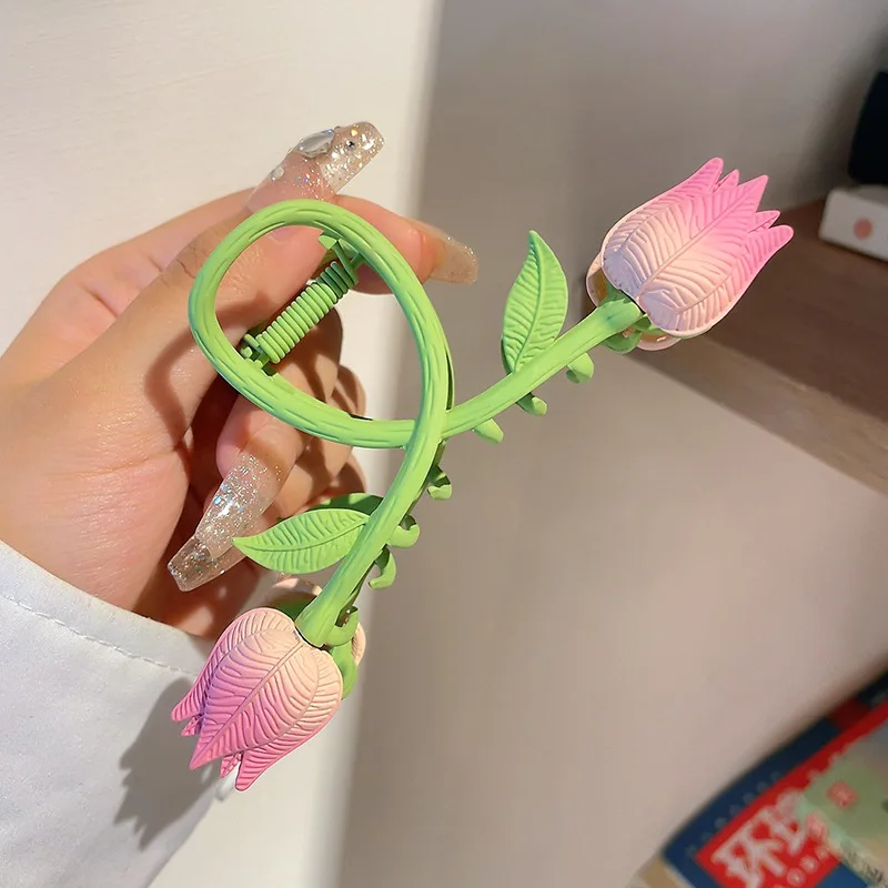 

2023 New Claw Clip 3D tulip flower Hair Claws for ladies Summer flower green hair claw