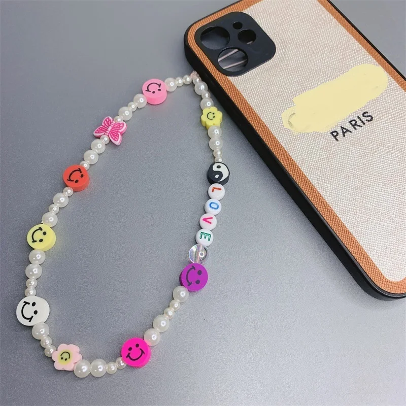 

New Trendy Boho Handmade Polymer Smile Face Beaded Lanyard Strap Cute Pearl Butterfly Beads Wallet Mobile Phone Chain