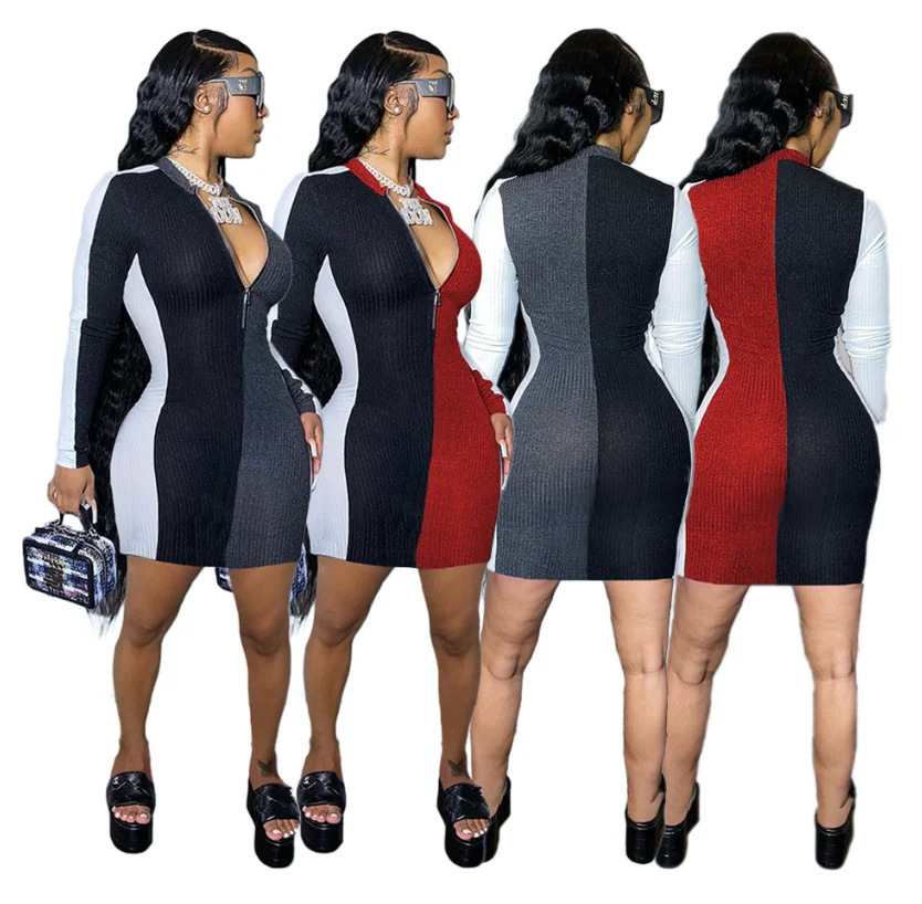 

Foma SH7219 Fashion casual design women plus size V neck sexy dresses long sleeve dresses, Picture color