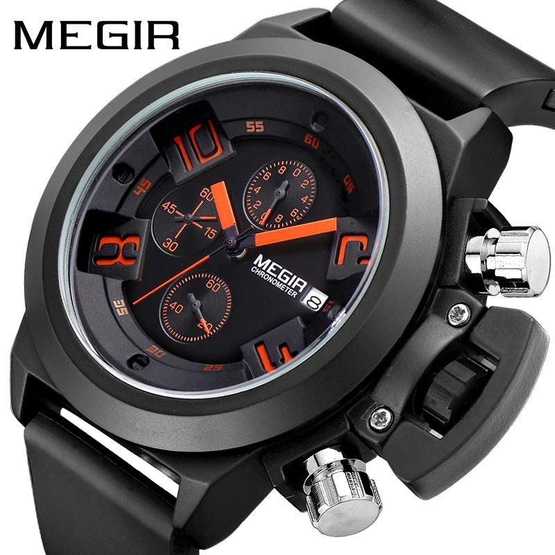 

MEGIR 2002 Men Quartz Watch Clock Reloj Hombre Silicone Military Sport Wristwatch for Man, 2 color for you choose