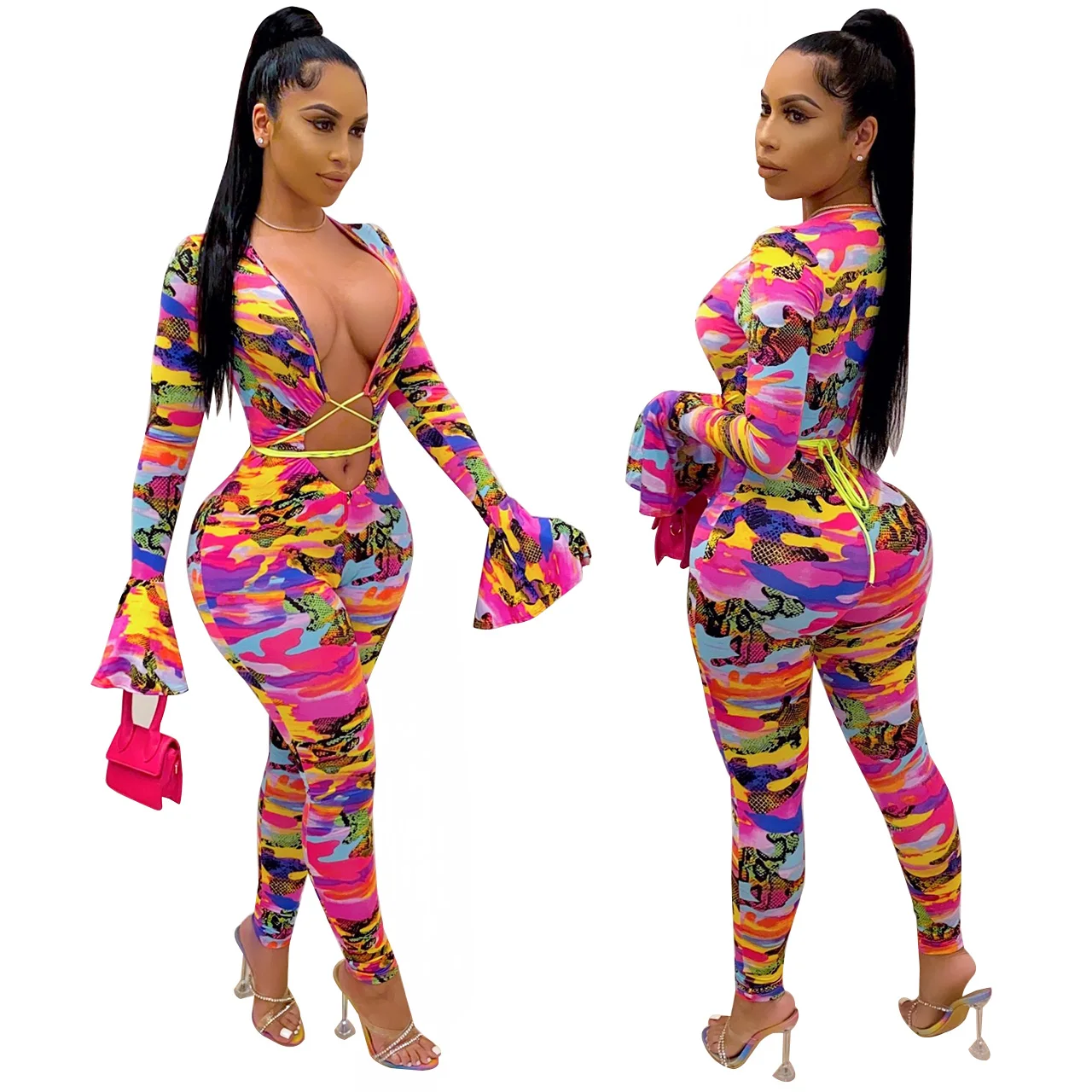 

Amzn AE fb eb tiktok oem Sexy flared sleeves bare chest top slim printed pencil pants jumpsuit, Colourful