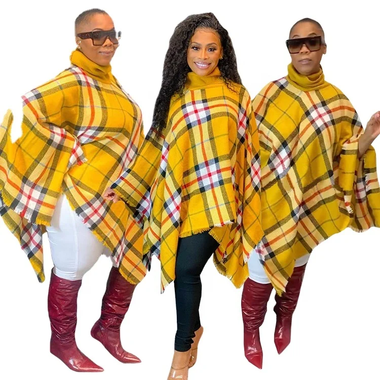 

High quality ladies cloak round neck printing plaid ladies casual temperament cloak top blouse
