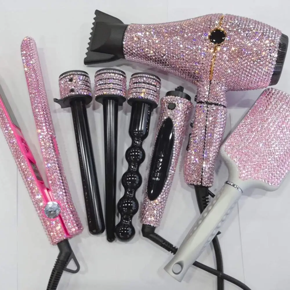 

4 piece hair tools set salon equipment bling rhinestone hot hair tools hair curer and flat iron set, Pink,gold,blue,crystal or customize as your requirement