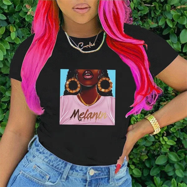 

Newest Woman T Shirt Black Girl Women Graphic Tees Melanin Poppin Custom Brand Printing Plus Size Tshirts, Picture showed