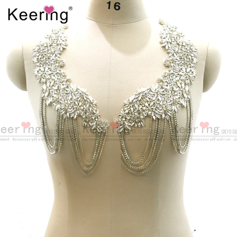 

Hot design rhinestone appliques bodice crystal collar applique WDP-325, Silver