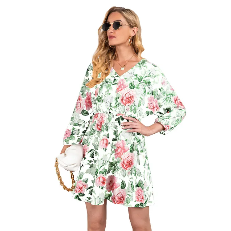 

2021 Spring Summer New Arrival V-neck Pullover Fashion Floral Printed Dress Women's Clothing Plus Size