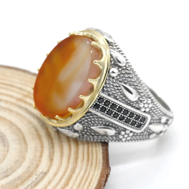 

Arabic Rings 925 Stamp Silver Ring with Agate Stone for Mens ,Biker Ring 925 Man Silver Jewelry Price Per Gram Bague Homme