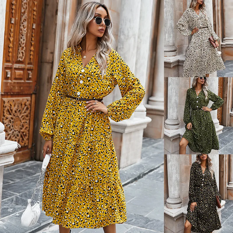 

Casual Dress Leopard Printing V Neck Button Long Sleeve Maxi Dresses Women