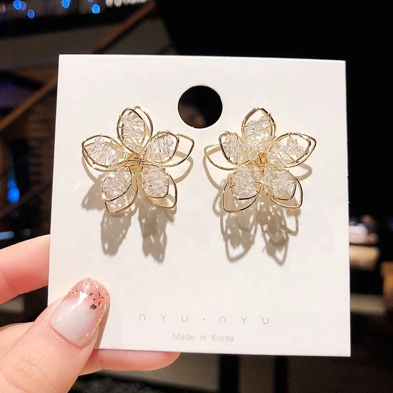 

Jachon New Arrival Sweet Holiday Crystal Flower Stud Earrings s925 3D Hollow Clear Flower Earring For Girls