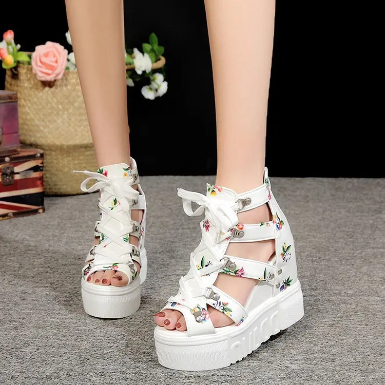 

2020 summer new Roman sandals high-heeled mixed color cross-strap women's shoes wedge heel fish mouth Lady Printed Sandals, White,black
