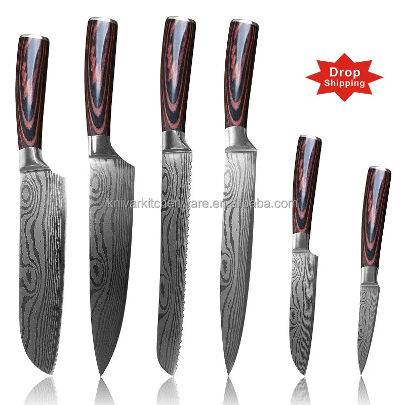 

6 pcs high carbon stainless Pakka wood vegetable chopr serrated utility travelling chef unique style quality kitchen knives set, Silver