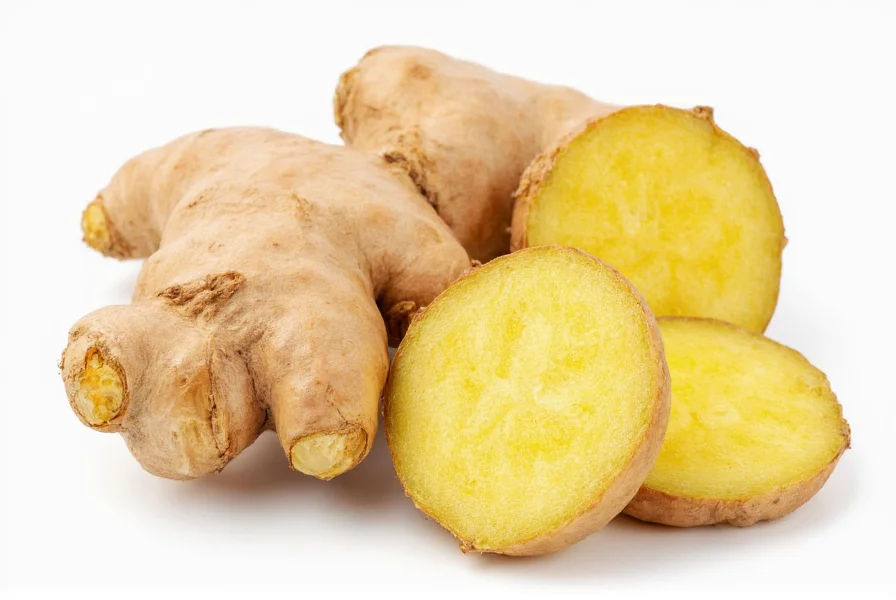 Fresh ginger root with sliced pieces showing fibrous interior
