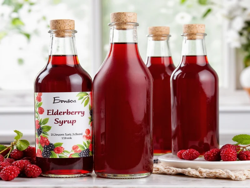 Homemade elderberry syrup in amber glass bottles with label