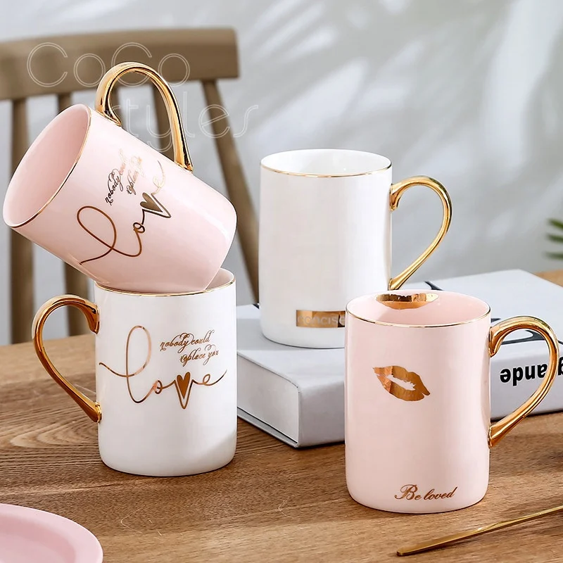 Cocostyles custom lovely beautiful ceramic coffee cup with lid and lip pattern for fashion girl's gift and valentine gift sets