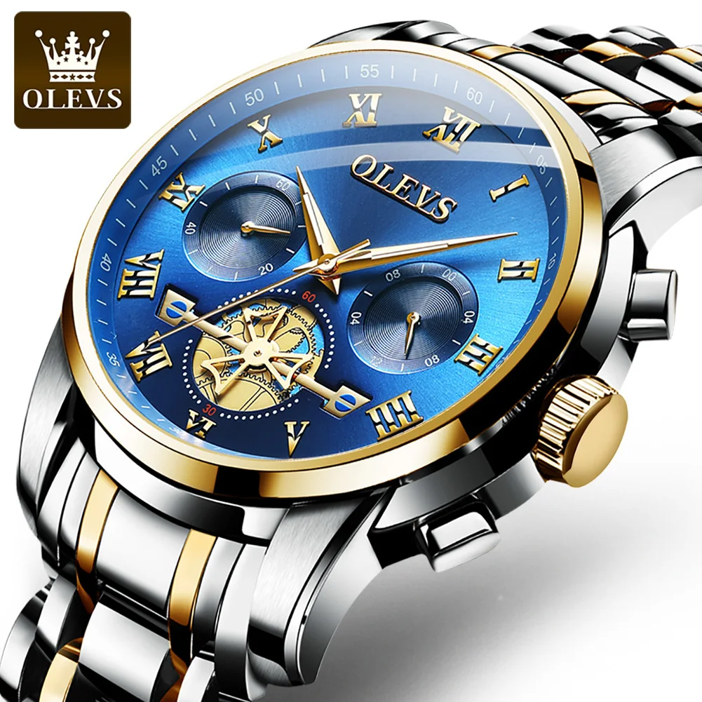 

OLEVS 2859 Fashion Business men quartz watch tourbillon logo design multi-time zone steel watch Luxury Quartz Wristwatch, 7colours to choose