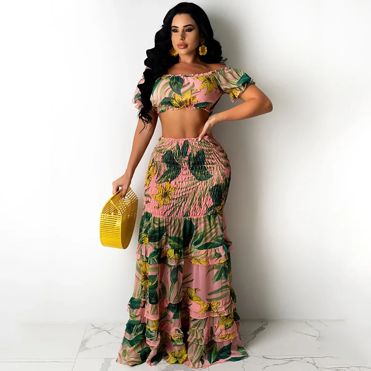 

Summer Off Shoulder Palm Leaf Print Casual Short Puff Sleeve Two Piece Crop Top And Long Skirt Set 2 Pieces Skirts Sets Outfits, Pink,red,light blue