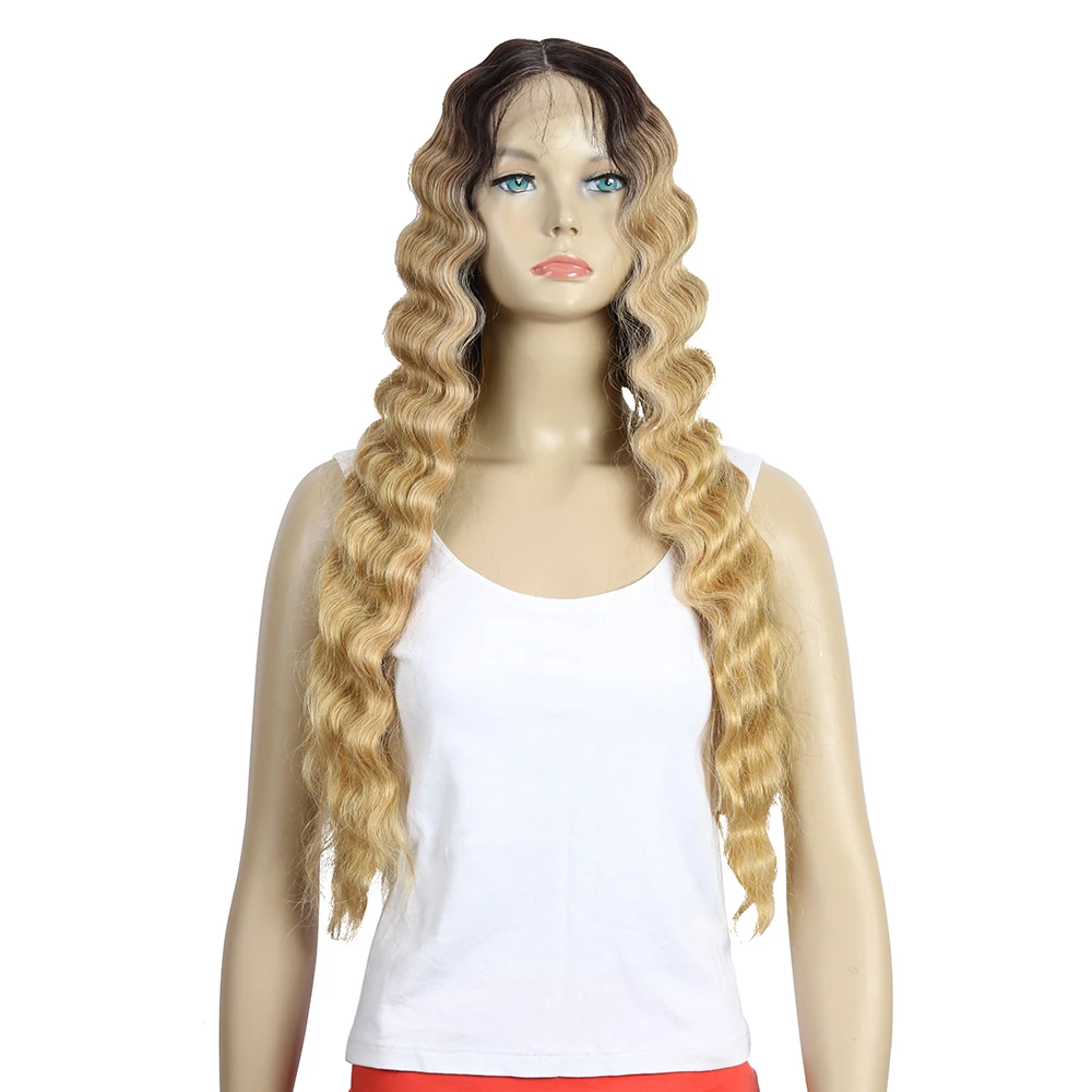 

Hot Selling Swiss Long 28 Inch Wavy Lace Front Wigs For Black Women Synthetic Blonde Cosplay Wig Heat Resistant Synthetic Wigs, Pic showed
