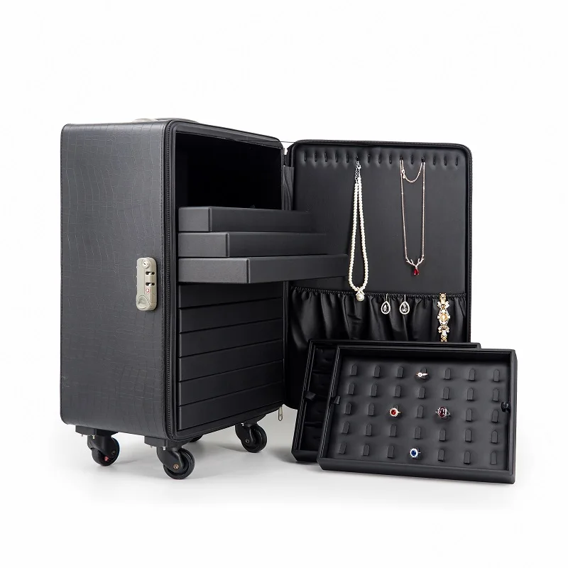 

Black custom travel large jewelry packaging 11 trays travel trolley case