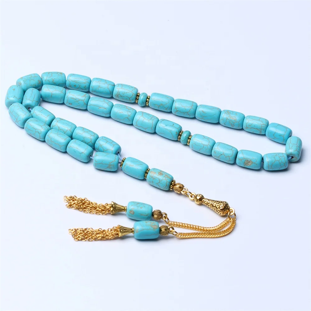 

Factory Sale Blue Synthetic Turquoise Stone 33 Rosary Masbaha Muslim Tespih Islamic Gold Tassel Tasbih Prayer Beads Sibha